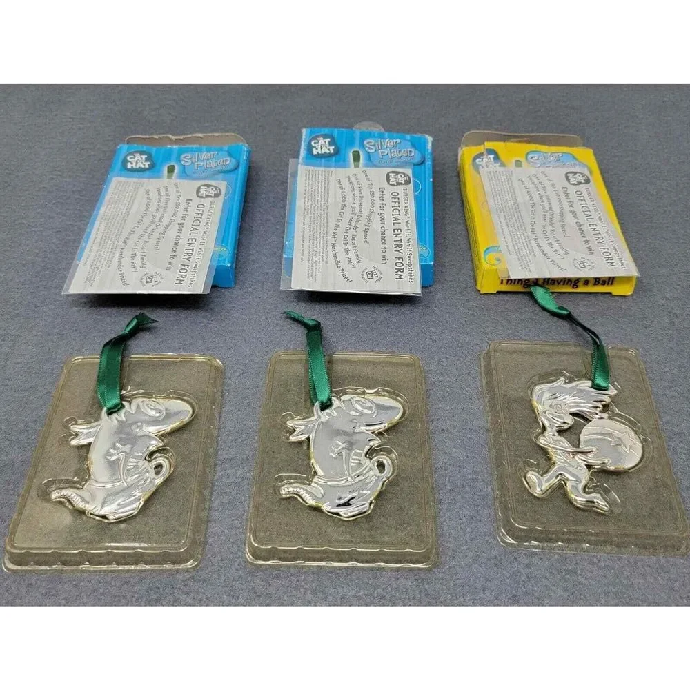 Dr. Suess Cat in the Hat Christmas Ornaments Burger King Silver Plated Set of 3
